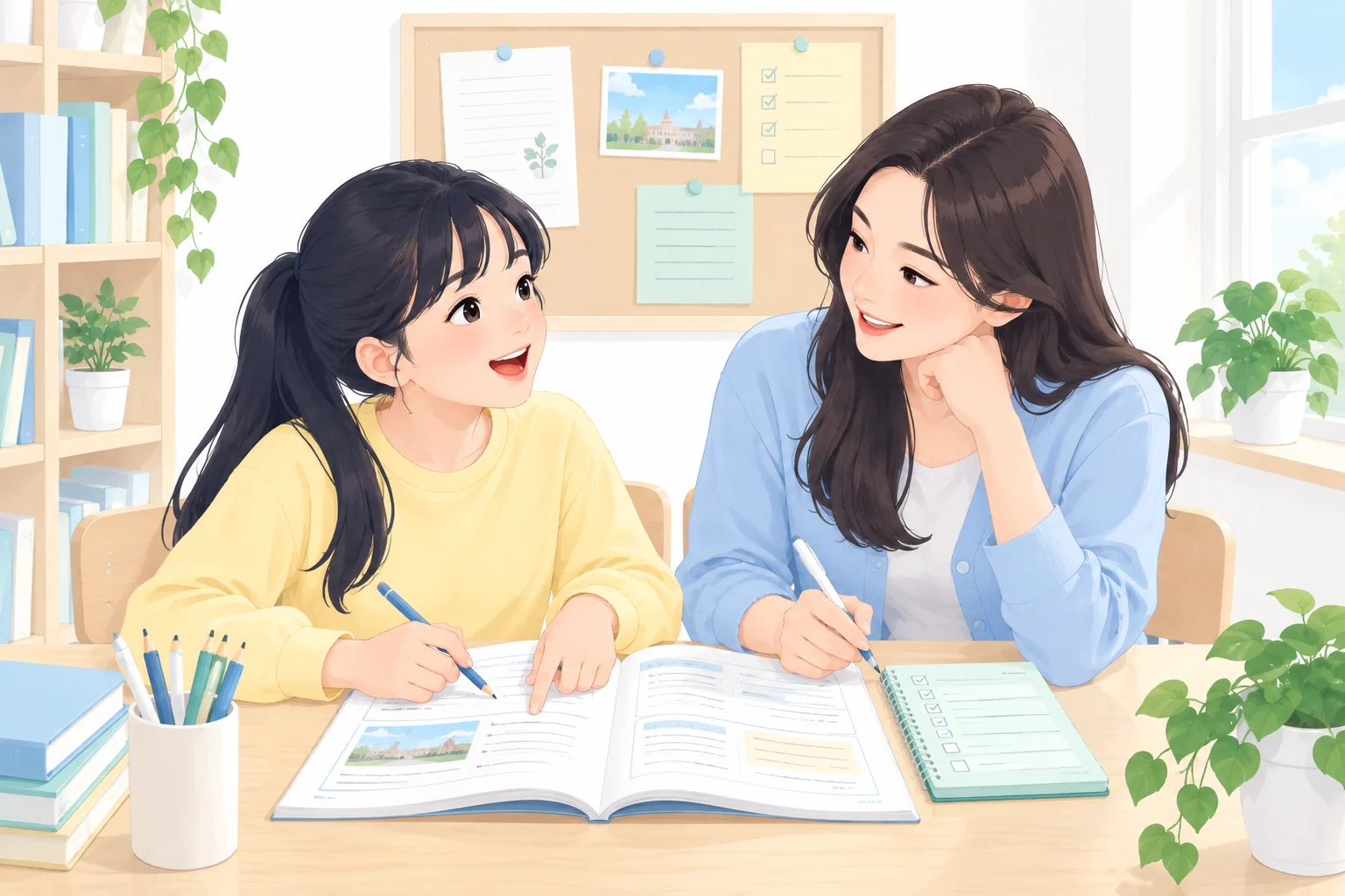 학생이 자신의 풀이를 설명하고 선생님이 학습 내용과 계획을 확인하는 개별 학습 일러스트